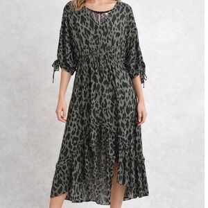 Umgee Midi Dress Womens Large Green Black Leopard Print High Low Ruffle Rayon